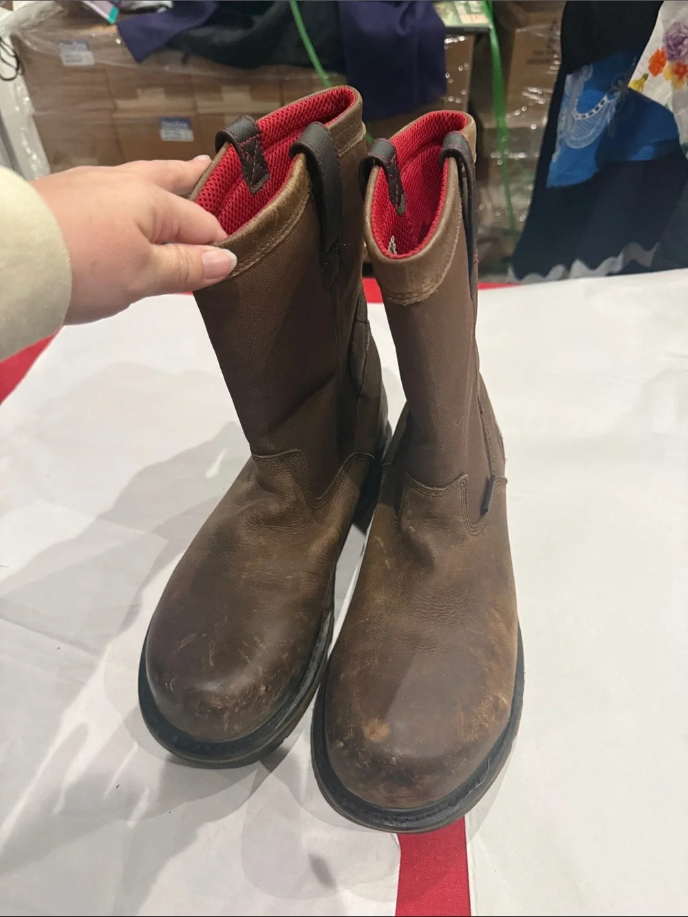 Rocky steel toe Brown Pull-On Work Boots with Red Lining